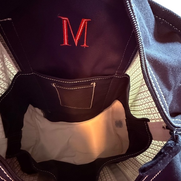 Lands’ End Large Canvas Tote Bag – Navy & Red Stripes with “M” Monogram - Picture 7 of 8